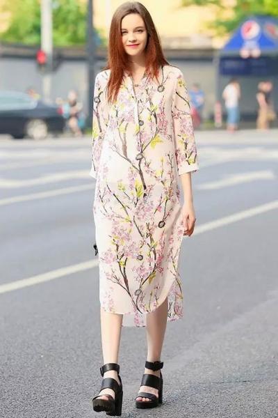 Oasap Sweet Floral Print Slit Midi Dress