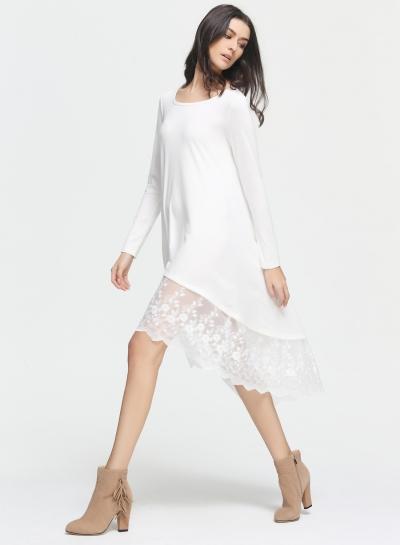 Oasap Long Sleeve Round Neck Lace Hem High Low Dress