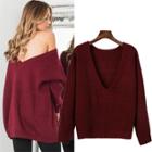 Oasap Solid Drop Shoulder Deep V Neck Knit Sweater