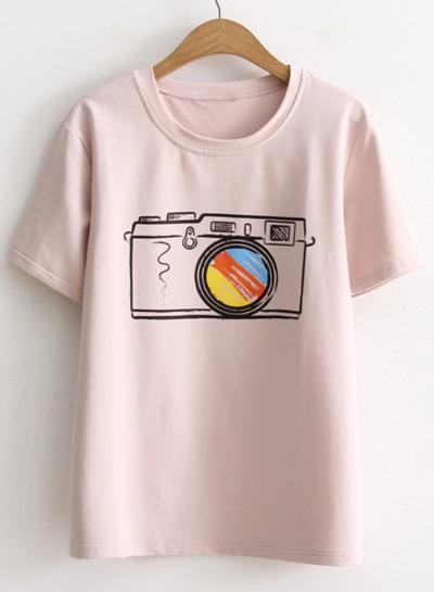 Oasap Round Neck Short Sleeve Printed Tee Shirts
