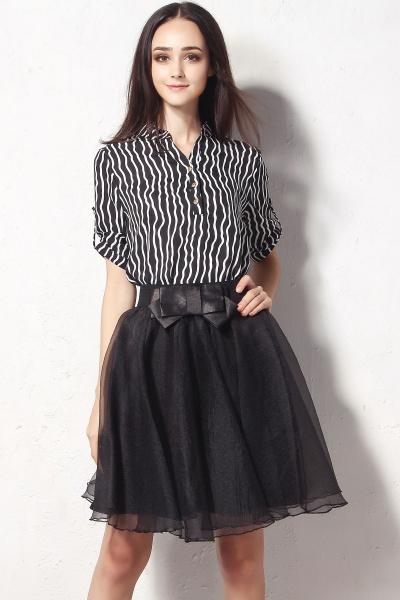 Oasap Stylish Striped Print Top Sheer Mesh Swing Skirt Matching Skirt For Woman