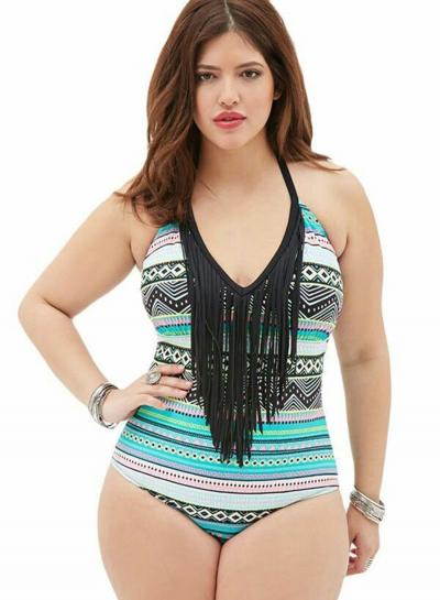 Oasap Plus Size V Neck Tirbal Print Tassel Swimsuit
