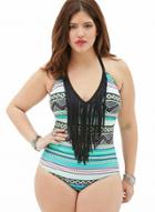 Oasap Plus Size V Neck Tirbal Print Tassel Swimsuit