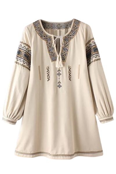 Oasap National Wind Embroidery Lace-up Neck Dress