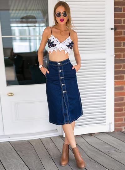 Oasap High Waist Front Button Slit Denim Skirt
