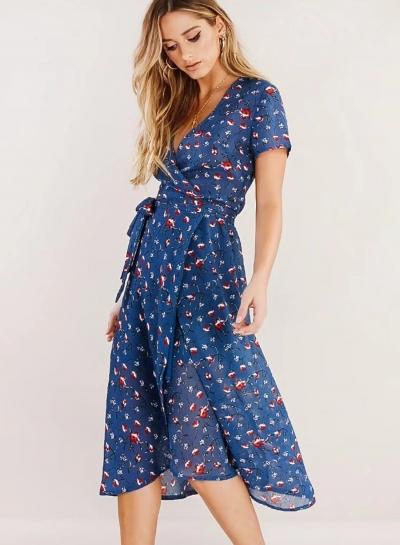 Oasap Fashion Floral Printed Tie Waist Short Sleeve V Neck Midi Dress