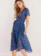 Oasap Fashion Floral Printed Tie Waist Short Sleeve V Neck Midi Dress