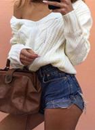 Oasap V Neck Long Sleeve Solid Chunky Knit Sweater