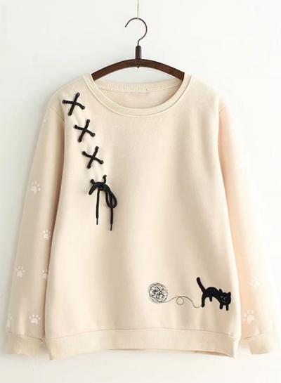 Oasap Round Neck Long Sleeve Lace Up Printed Sweatshirt