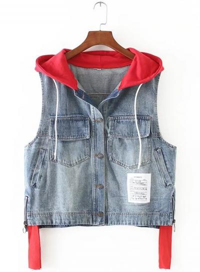 Oasap Color Block Sleeveless Letter Embroidery Hooded Denim Vest