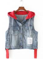 Oasap Color Block Sleeveless Letter Embroidery Hooded Denim Vest