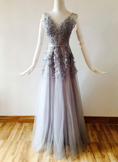 Oasap V Neck Sleeveless Backless Floral Lace Maxi Prom Dress