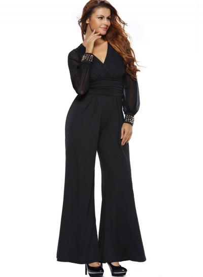 Oasap Fashion Solid V Neck Long Sleeve Wide-leg Jumpsuit