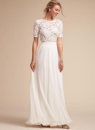 Oasap Round Neck Short Sleeve Lace Panel Long Prom Dress