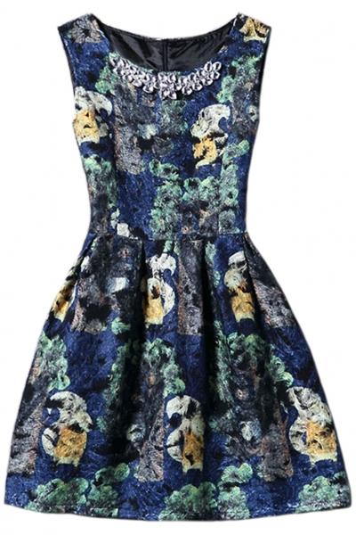 Oasap Squirrel Print Rhinestone Round Neck Sleeveless A-line Dress