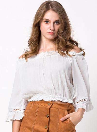 Oasap Slash Collar Lace Trim Block Blouse