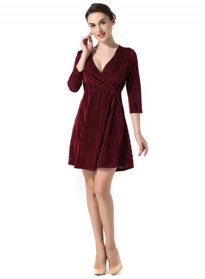 Oasap V Neck 3/4 Sleeve Solid Color Slim Fit A-line Dress