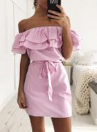 Oasap Striped Off Shoulder Ruffle Dress With Belt