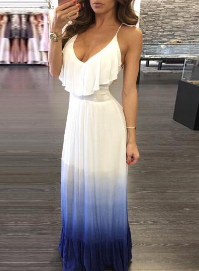 Oasap Spaghetti Strap V Neck Sleeveless Backless Ruffle Gradient Maxi Dress