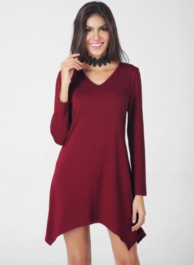 Oasap V Neck Long Sleeve Solid Color Dress