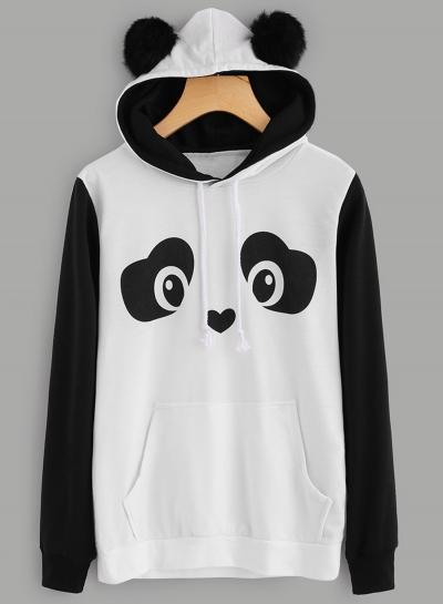 Oasap Long Sleeve Color Splicing Panda Printed Hoodie