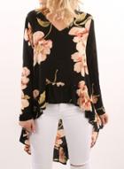 Oasap V Neck Long Sleeve Floral High Low Blouse