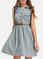 Oasap Denim A-line Sleeveless Button Down Pleated Skater Dress