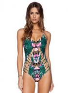 Oasap Spaghetti Strap Hollow Out Leaves Print One Piece Swimsuit