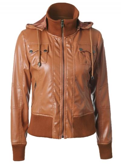 Oasap Fashion Pu Leather Drawstring Hood Rib Biker Jacket