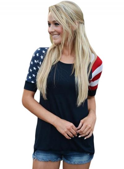 Oasap Black Stars Stripes Short Sleeve Women Tee