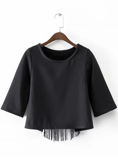 Oasap Round Neck Back Slit Tassels Decoration Blouse