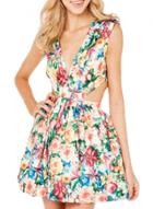 Oasap Women's Floral Print Side Cut-out Deep V A-line Dress