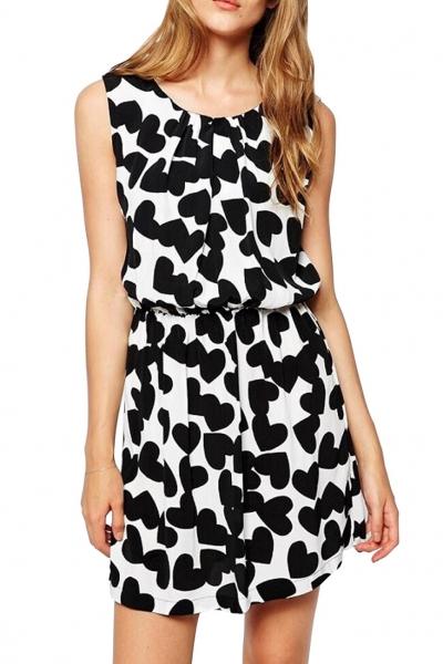 Oasap Sweet Black White Heart Print Mini Dress