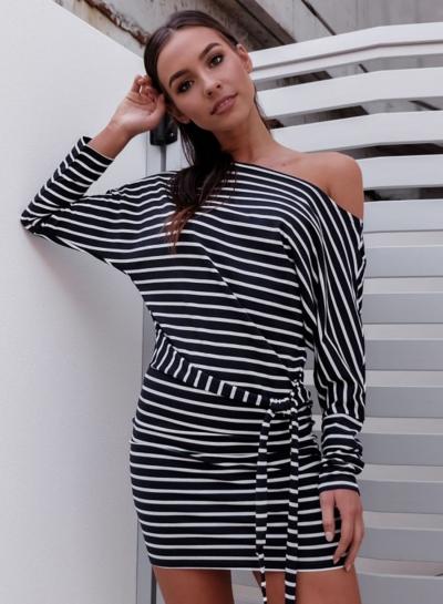 Oasap Round Neck Long Sleeve Tie Waist Striped Bodycon Dress
