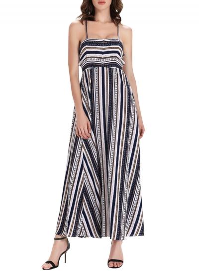 Oasap Women's Striped Print Spaghetti Strap Backless Slit Dress