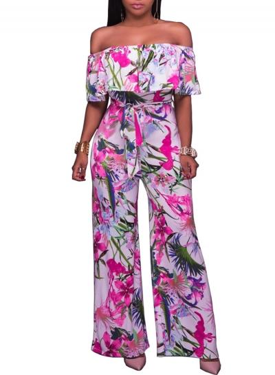 Oasap Off Shoulder Ruffle Floral Wide Leg Jumpsuit