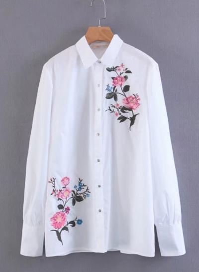 Oasap Turn Down Collar Long Sleeve Floral Embroidery Button Down Shirt