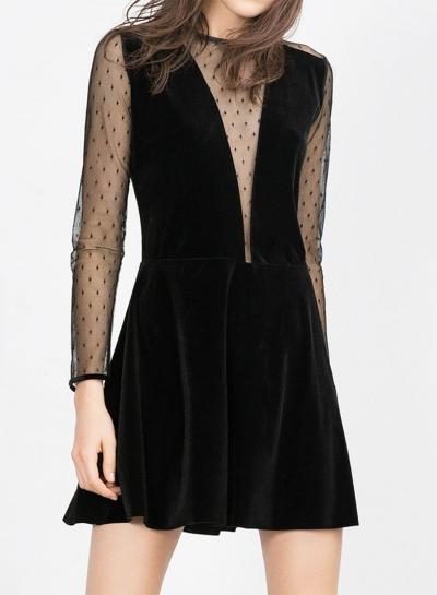 Oasap Long Sleeve Mesh Panel A-line Dress