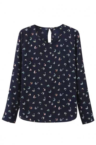 Oasap Sailing Graphic Keyhole Back Chiffon Blouse
