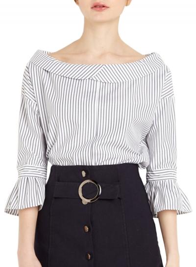 Oasap Women's Fashion Slash Neck 3/4 Sleeve Vertical Stripe Blouse