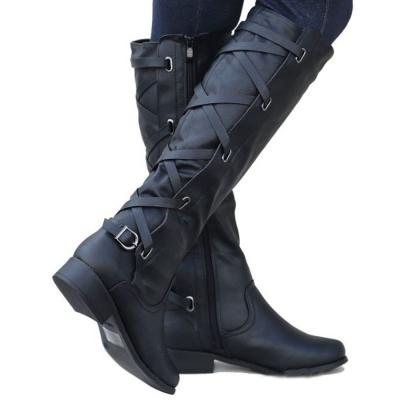 Oasap Solid Color Round Toe Low Heels Cross Buckle Strap Mid-calf Boots
