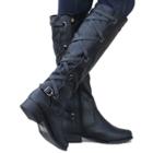 Oasap Solid Color Round Toe Low Heels Cross Buckle Strap Mid-calf Boots