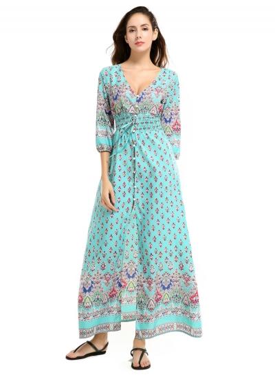 Oasap V Neck Lanter Sleeeve Floral Print Maxi Dress