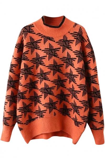 Oasap Sweet Geo-print Round Neck Ribbed Trim Sweater
