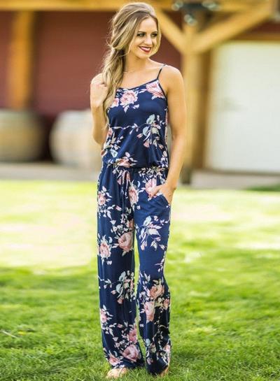 Oasap Fashion Summer Floral Printed Spaghetti Strap Ronud Neck Jumpsuits