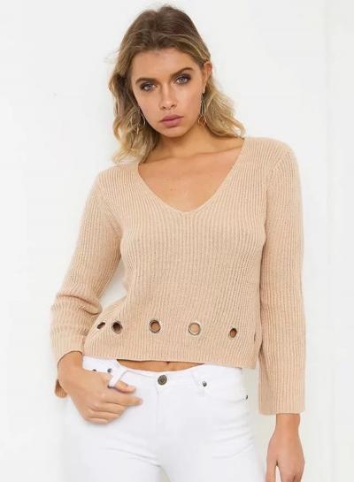Oasap V Neck Long Sleeve Hollow Out Solid Sweater