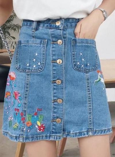 Oasap Floral Embroidery Button Front A-line Mini Skirt