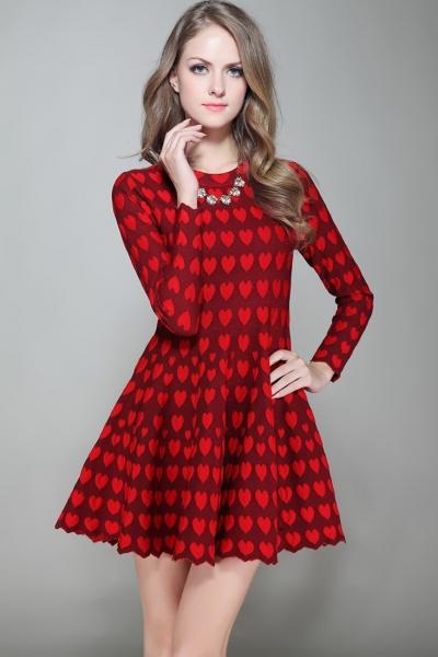 Oasap Heart Print Zigzag Hem Round Neck A-line Dress