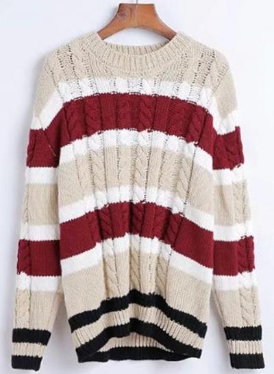 Oasap Round Neck Long Sleeve Striped Sweaters