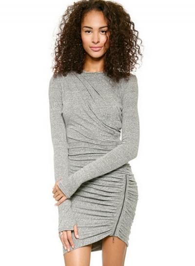 Oasap Long Sleeve Zip Irregular Bodycon Ruched Dress